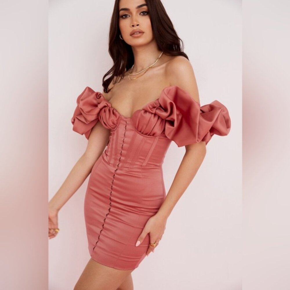 NWT House of CB Annabelle Rose Pink Satin Ruffle Strapless Mini Dress Size M - Picture 2 of 11